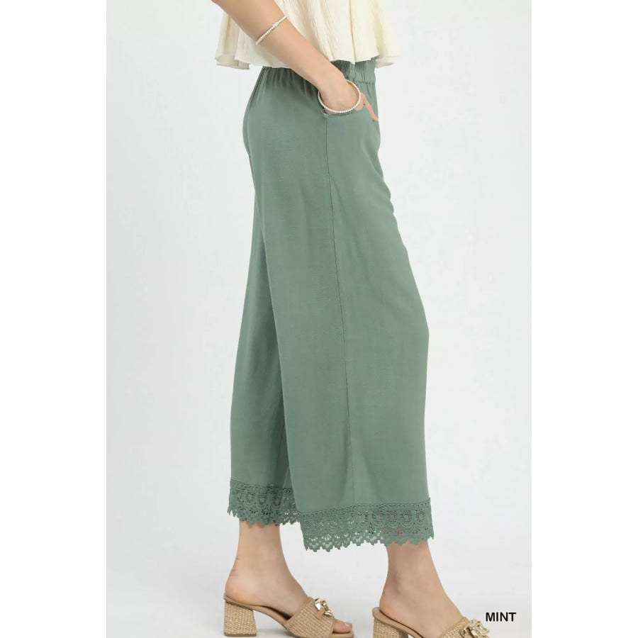 Umgee Linen Wide Leg Cropped Pants with Lace Trim Apparel and Accessories