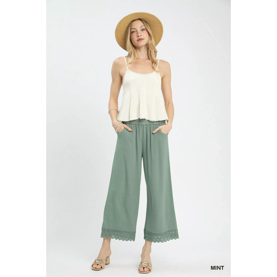Umgee Linen Wide Leg Cropped Pants with Lace Trim Apparel and Accessories