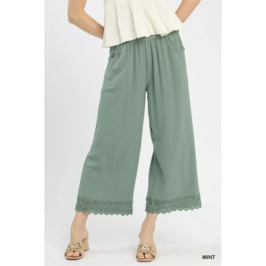 Umgee Linen Wide Leg Cropped Pants with Lace Trim MINT / S Apparel and Accessories
