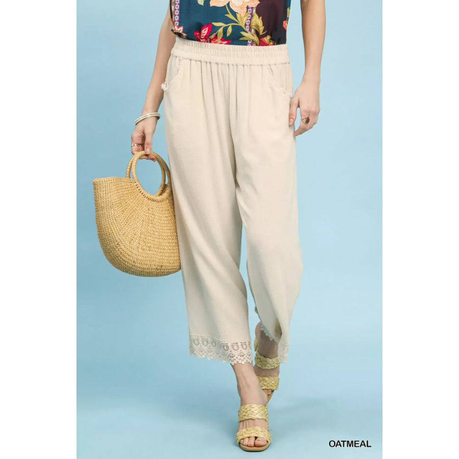 Umgee Linen Wide Leg Cropped Pants with Lace Trim OATMEAL / S Apparel and Accessories