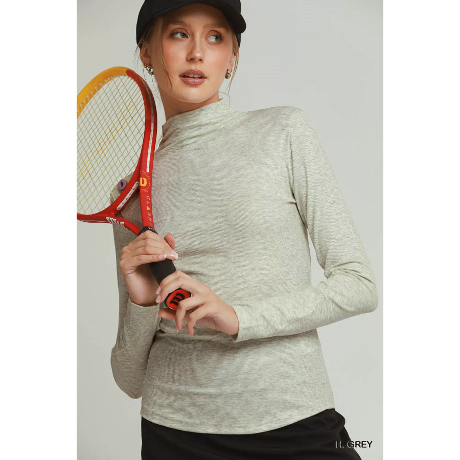 Umgee Long Sleeve Mock Neck Top H. GREY / S Apparel and Accessories