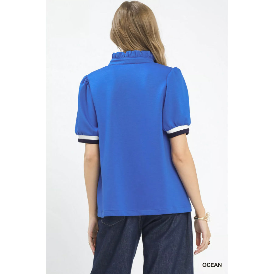 Umgee Luxe knit Contrast Trim Puff Sleeve Top Apparel and Accessories