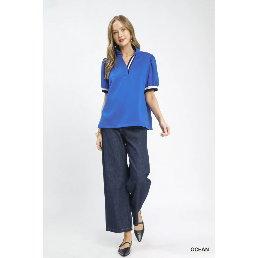Umgee Luxe knit Contrast Trim Puff Sleeve Top Apparel and Accessories