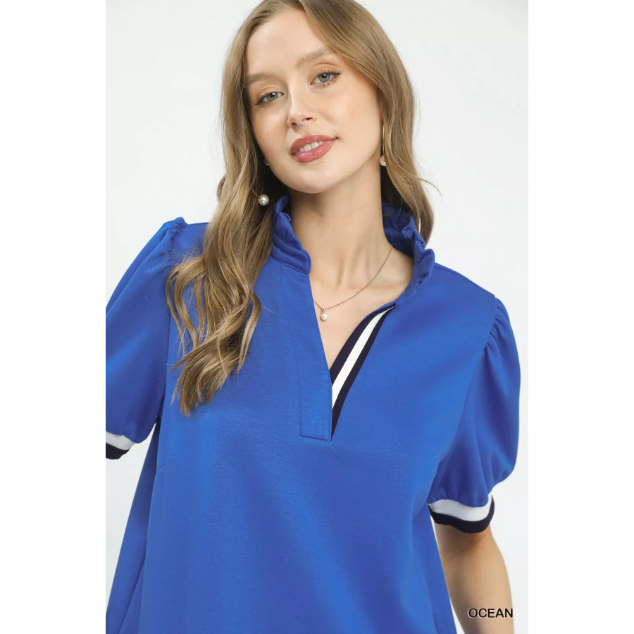 Umgee Luxe knit Contrast Trim Puff Sleeve Top Apparel and Accessories