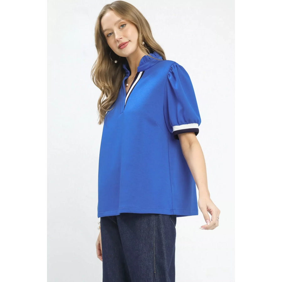 Umgee Luxe knit Contrast Trim Puff Sleeve Top Apparel and Accessories