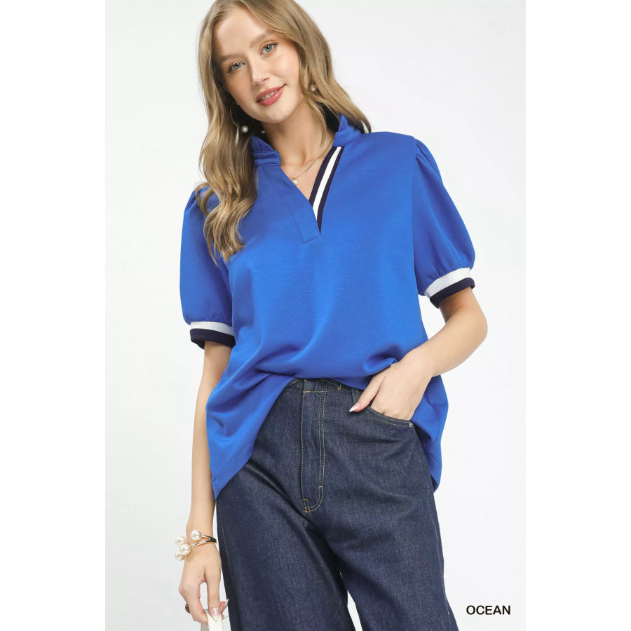 Umgee Luxe knit Contrast Trim Puff Sleeve Top OCEAN / S Apparel and Accessories