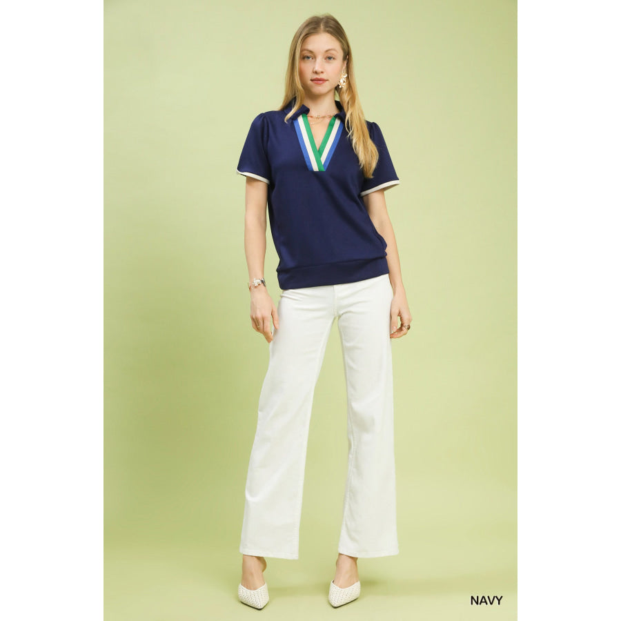 Umgee Luxe Knit V-Neck Short Sleeve Top Apparel and Accessories