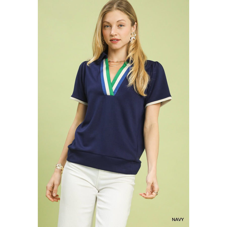 Umgee Luxe Knit V-Neck Short Sleeve Top NAVY / S Apparel and Accessories
