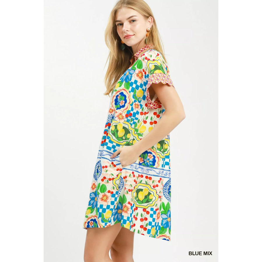 Umgee Mediterranean Print Dress with Contrast Printed Trim BLUE MIX / S Apparel and Accessories