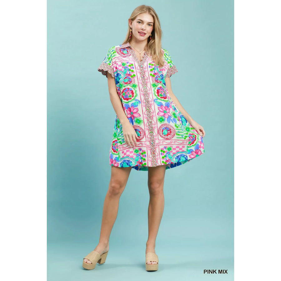 Umgee Mediterranean Print Dress with Contrast Printed Trim Apparel and Accessories