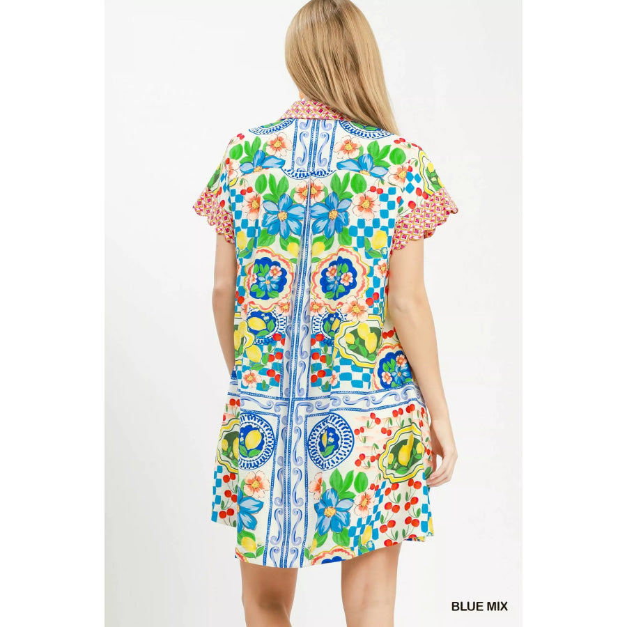Umgee Mediterranean Print Dress with Contrast Printed Trim Apparel and Accessories