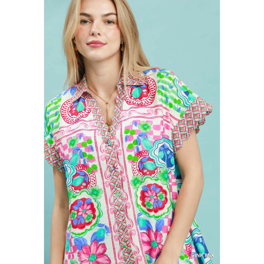 Umgee Mediterranean Print Dress with Contrast Printed Trim Apparel and Accessories