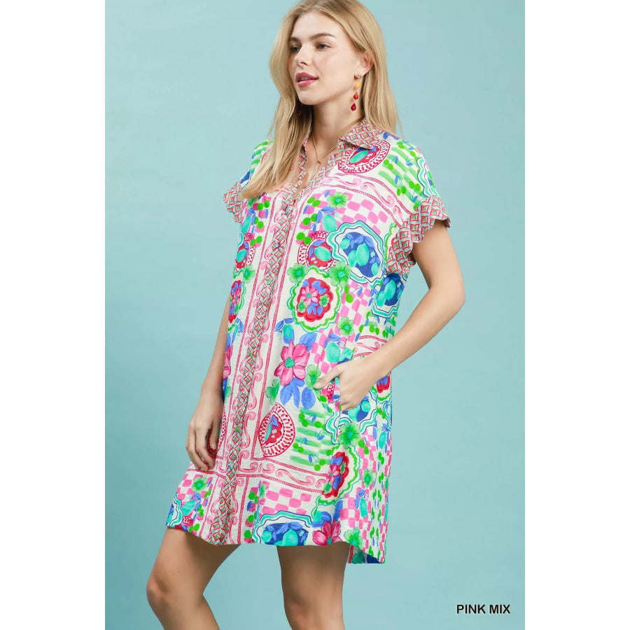 Umgee Mediterranean Print Dress with Contrast Printed Trim PINK MIX / S Apparel and Accessories