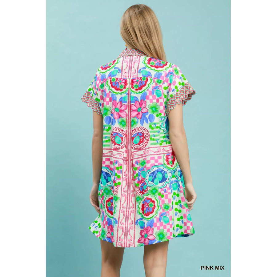 Umgee Mediterranean Print Dress with Contrast Printed Trim Apparel and Accessories