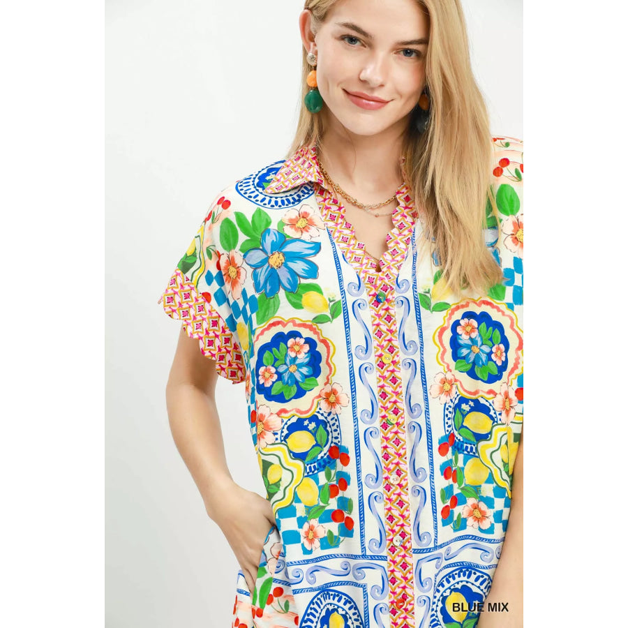 Umgee Mediterranean Print Dress with Contrast Printed Trim Apparel and Accessories