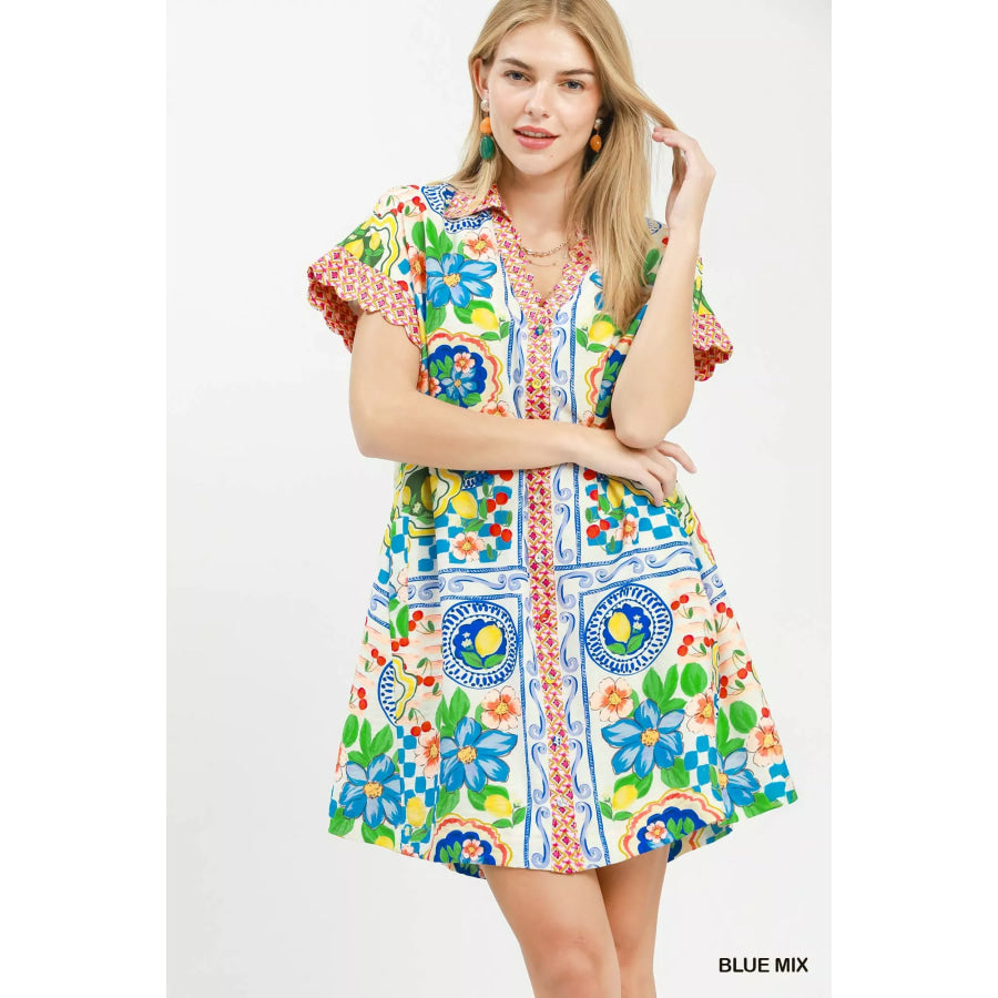 Umgee Mediterranean Print Dress with Contrast Printed Trim BLUE MIX / S Apparel and Accessories