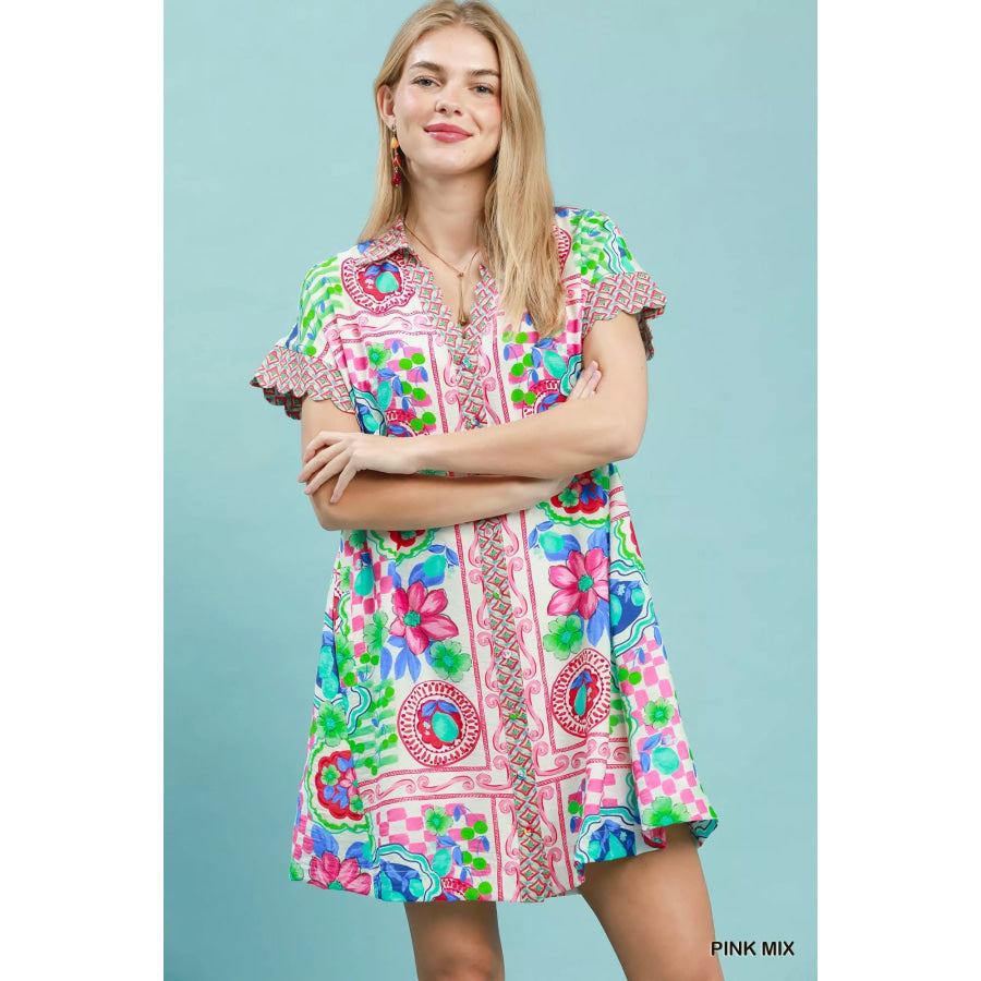Umgee Mediterranean Print Dress with Contrast Printed Trim PINK MIX / S Apparel and Accessories