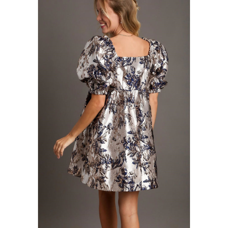 Umgee Metallic Jacquard Puff Sleeve Dress Silver/Navy / S Apparel and Accessories