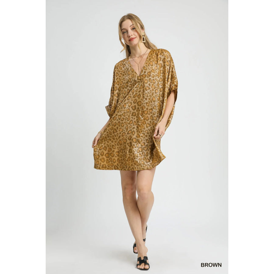 Sandee Rain Boutique - Umgee Metallic Leopard Print V-Neck Kimono Dress Trendsi Apparel - Sandee Rain Boutique Sandee Rain Boutique - Umgee Metallic Leopard Print V-Neck Kimono Dress Trendsi Apparel - Sandee Rain Boutique
