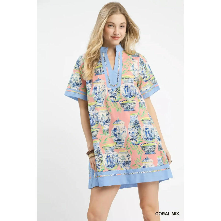 Umgee Mix Abstract Print Mini Dress CORAL MIX / S Apparel and Accessories
