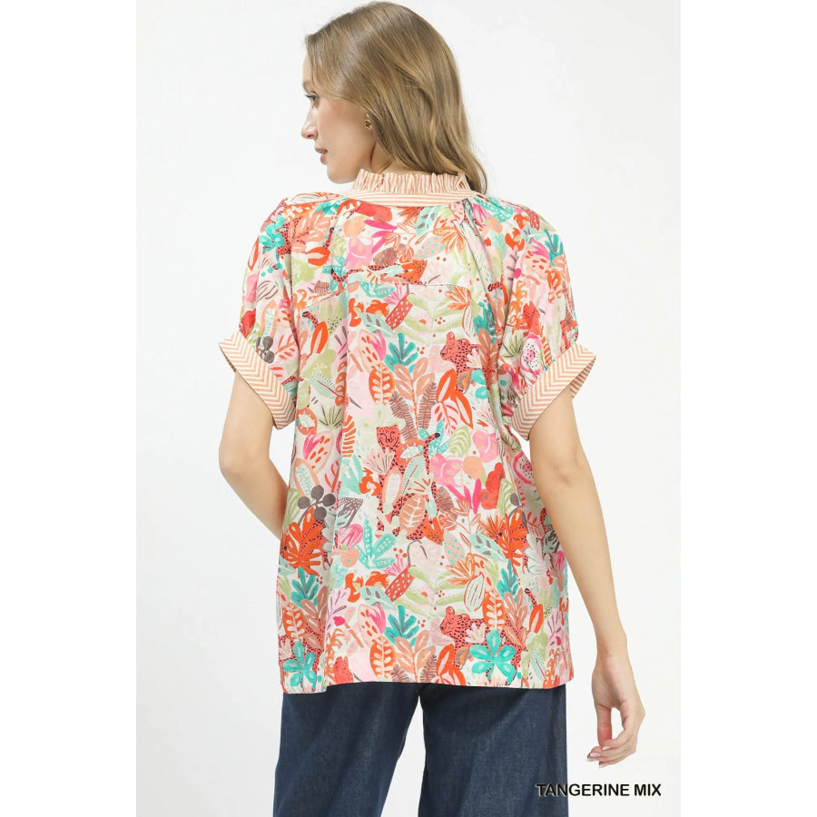 Umgee Mix Boho Printed V-Neck Top Apparel and Accessories