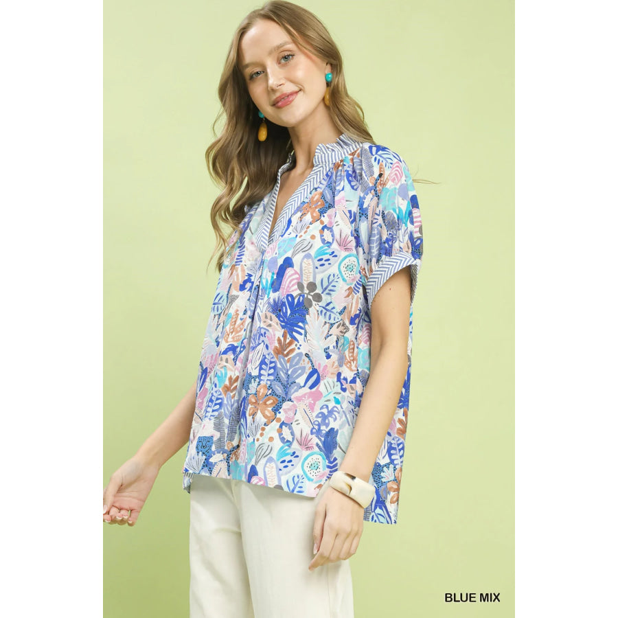 Umgee Mix Boho Printed V-Neck Top Apparel and Accessories