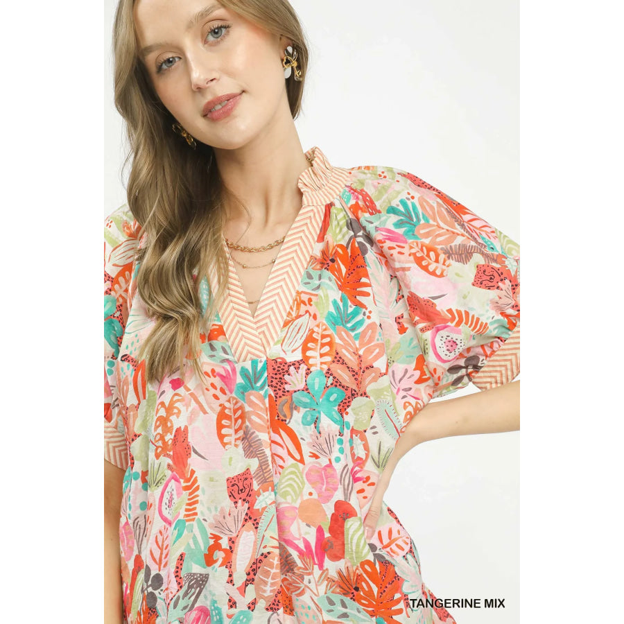 Umgee Mix Boho Printed V-Neck Top Apparel and Accessories