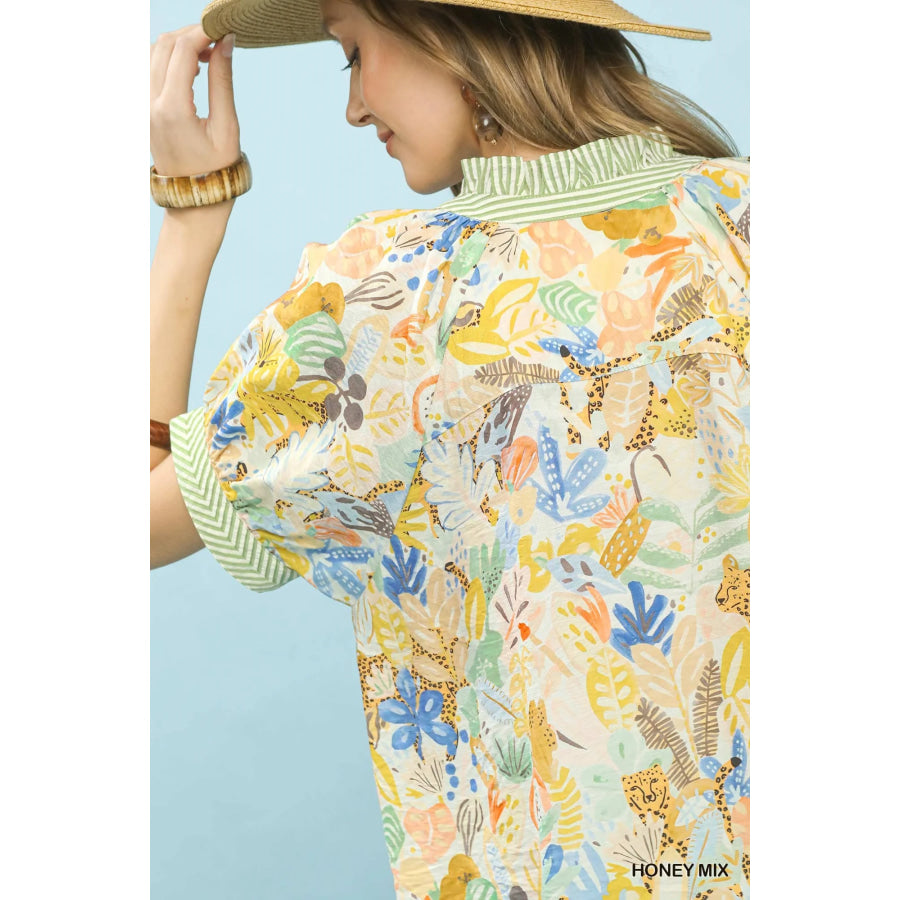 Umgee Mix Boho Printed V-Neck Top Apparel and Accessories