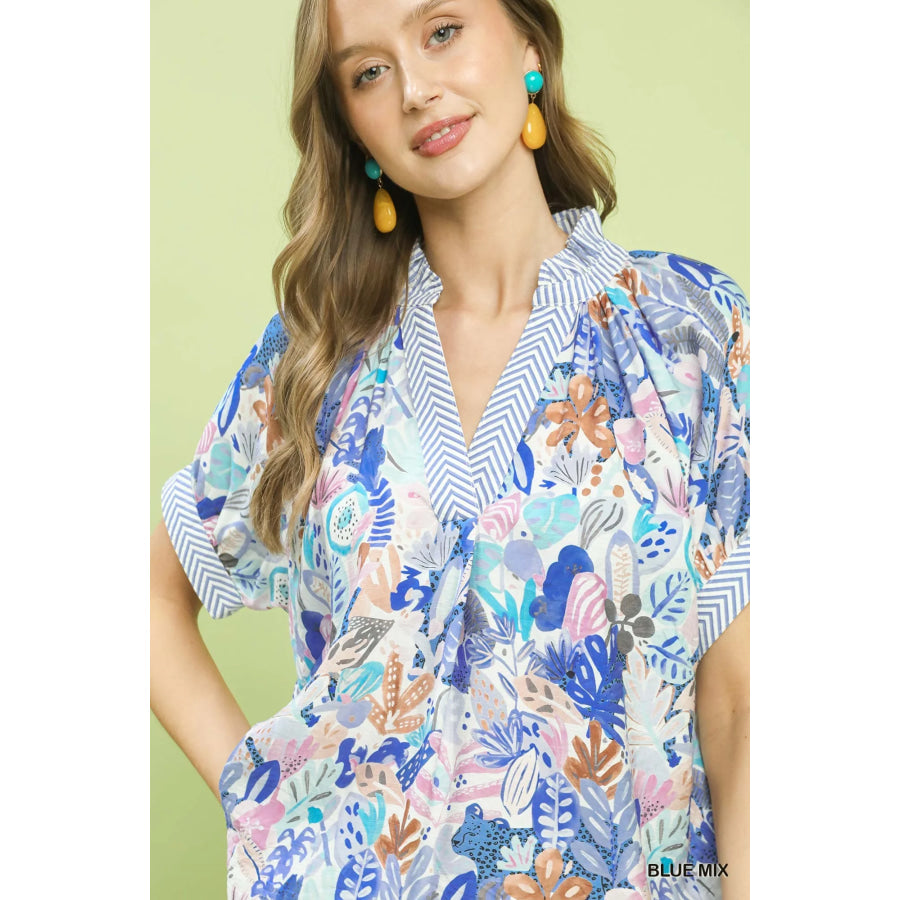 Umgee Mix Boho Printed V-Neck Top Apparel and Accessories