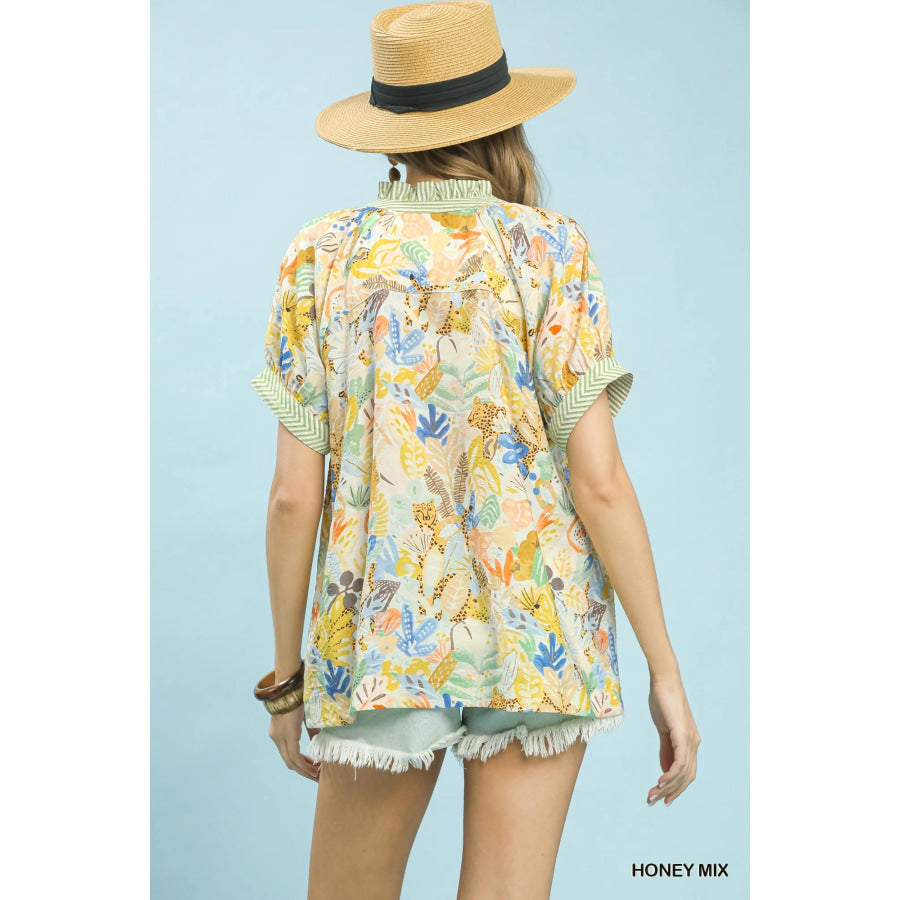 Umgee Mix Boho Printed V-Neck Top Apparel and Accessories
