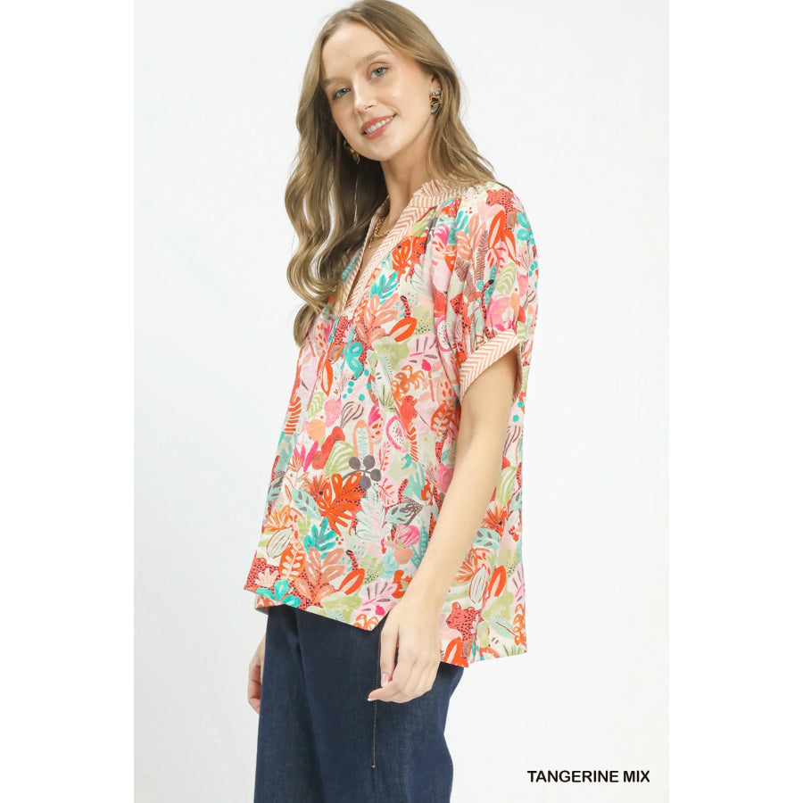 Umgee Mix Boho Printed V-Neck Top TANGERINE MIX / S Apparel and Accessories