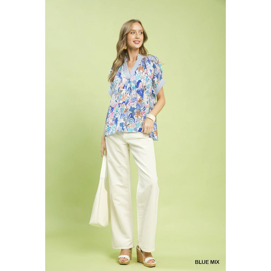 Umgee Mix Boho Printed V-Neck Top Apparel and Accessories