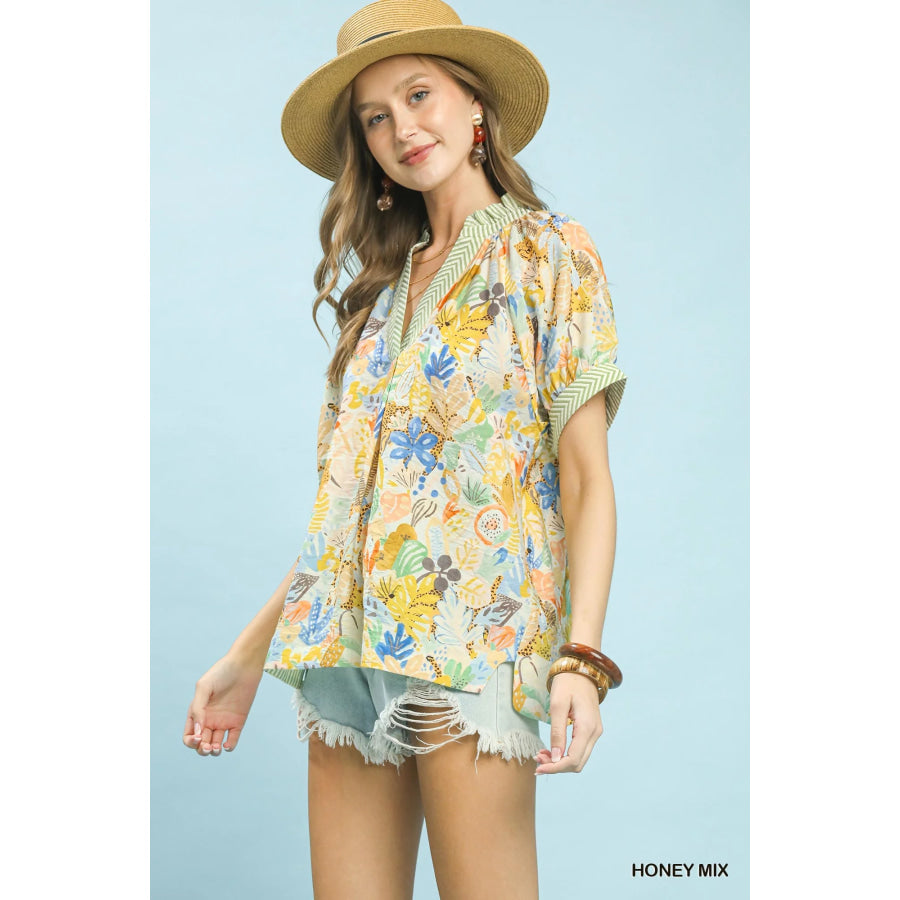 Umgee Mix Boho Printed V-Neck Top Apparel and Accessories