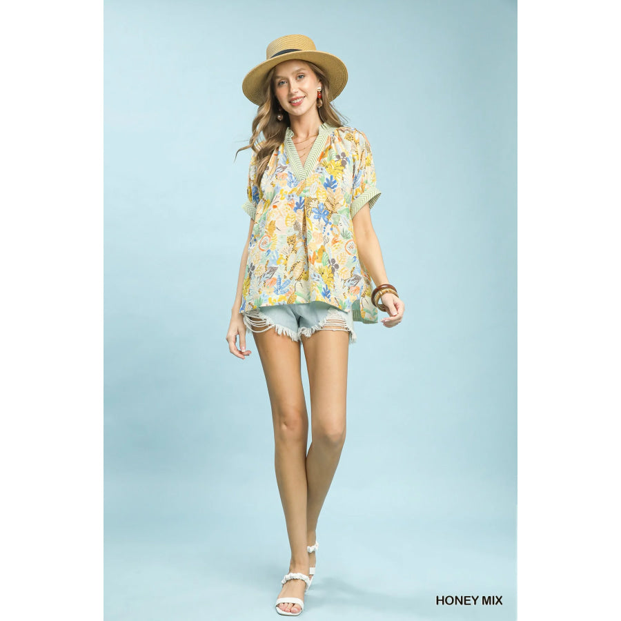 Umgee Mix Boho Printed V-Neck Top Apparel and Accessories