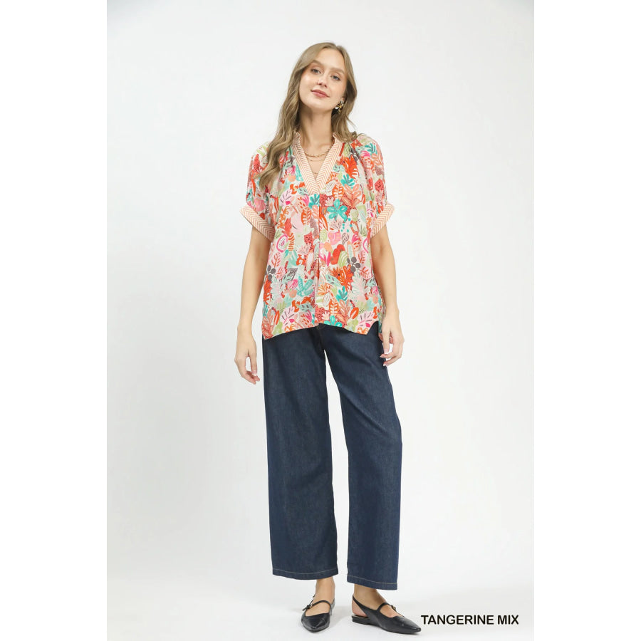Umgee Mix Boho Printed V-Neck Top Apparel and Accessories