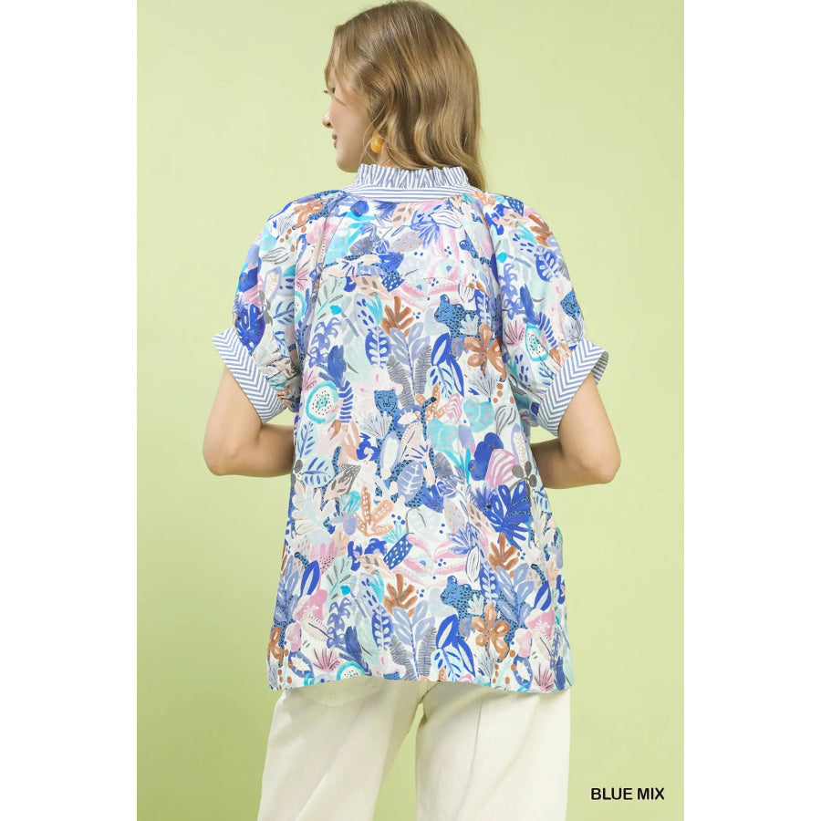 Umgee Mix Boho Printed V-Neck Top Apparel and Accessories