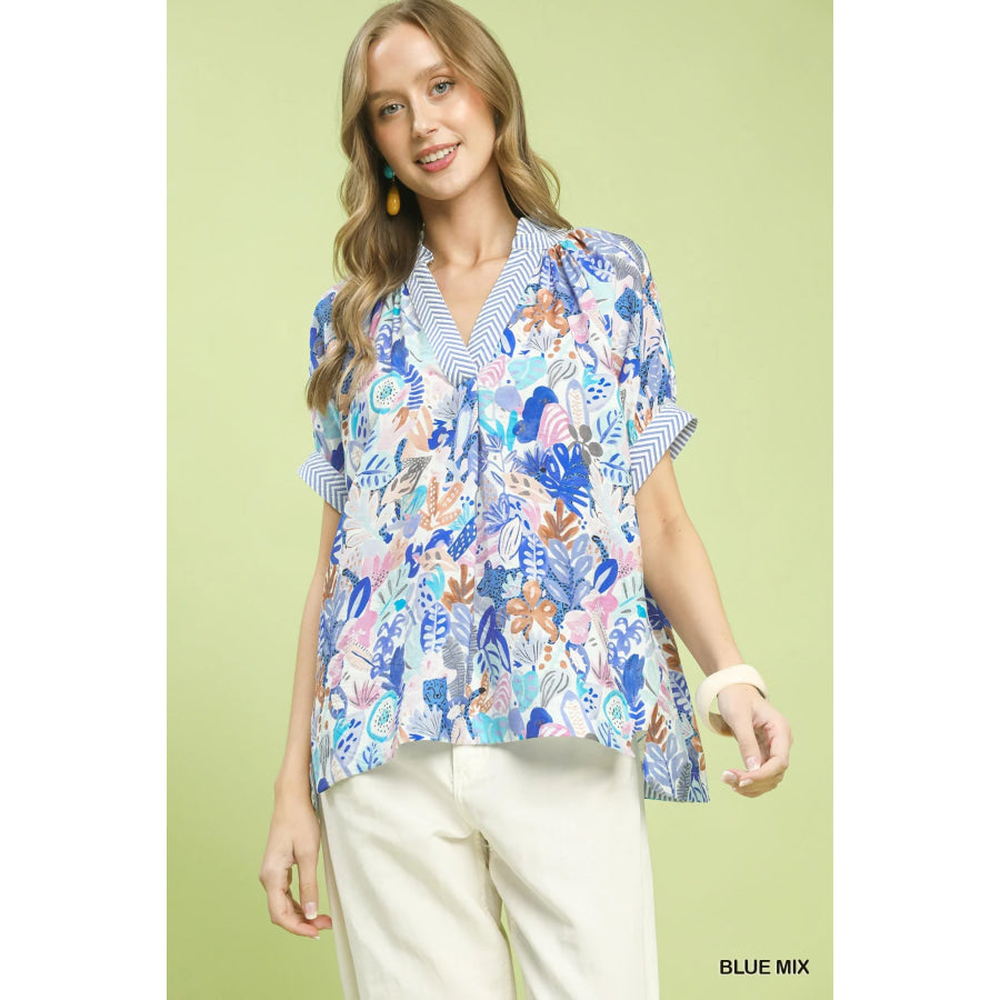 Umgee Mix Boho Printed V-Neck Top BLUE MIX / S Apparel and Accessories