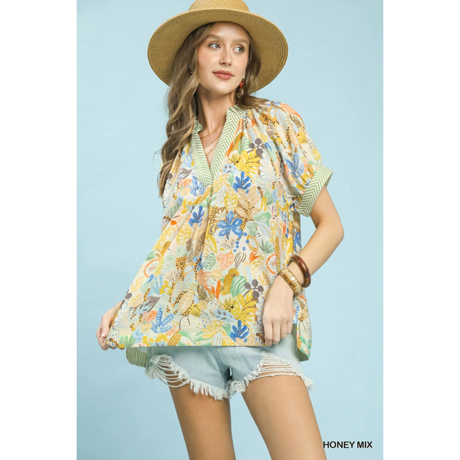 Umgee Mix Boho Printed V-Neck Top HONEY MIX / S Apparel and Accessories