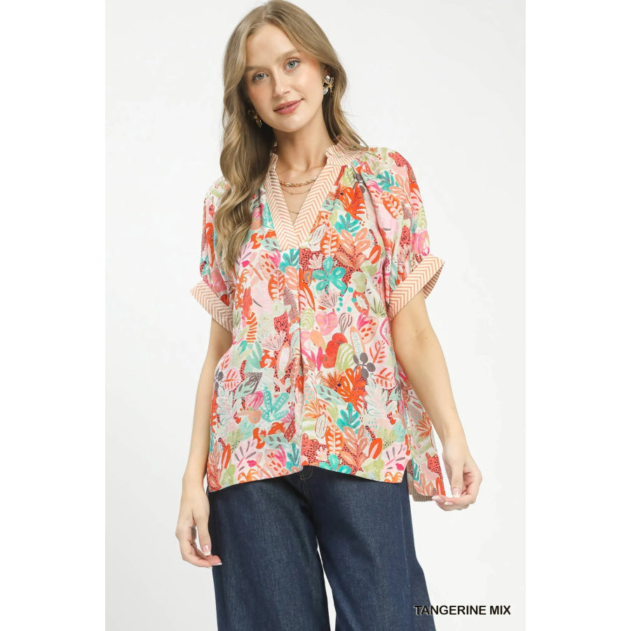 Umgee Mix Boho Printed V-Neck Top TANGERINE MIX / S Apparel and Accessories