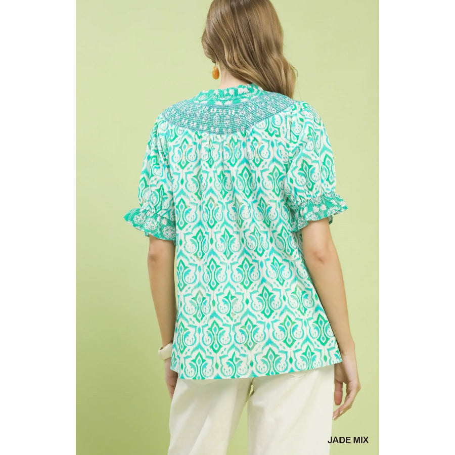 Umgee Mix Boho Puff Sleeve Smocked Top Apparel and Accessories