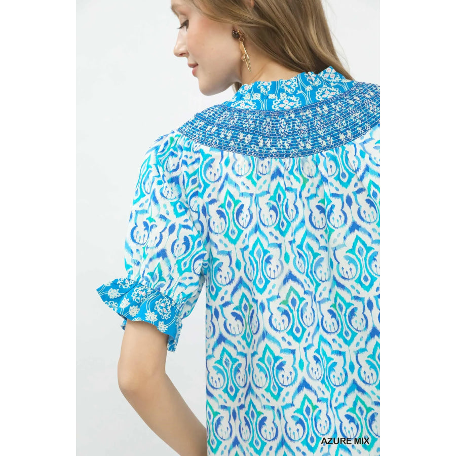 Umgee Mix Boho Puff Sleeve Smocked Top Apparel and Accessories