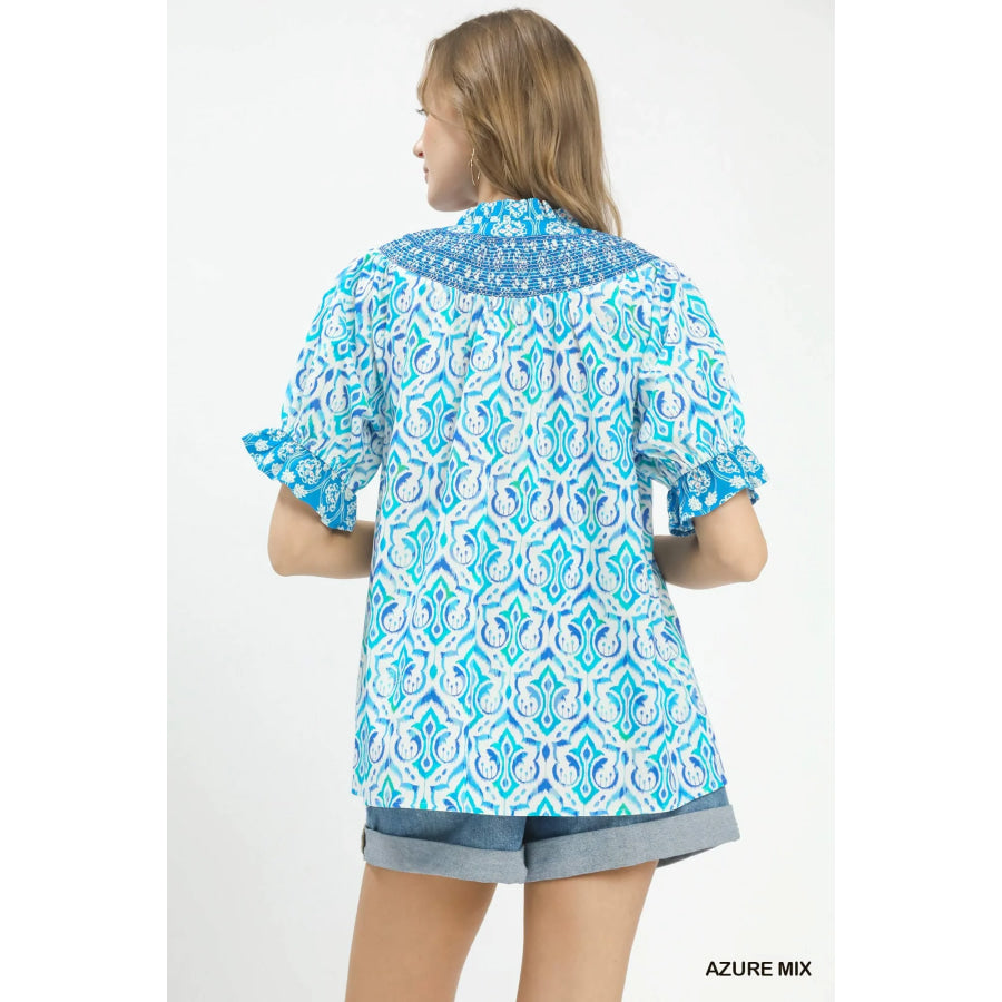 Umgee Mix Boho Puff Sleeve Smocked Top Apparel and Accessories