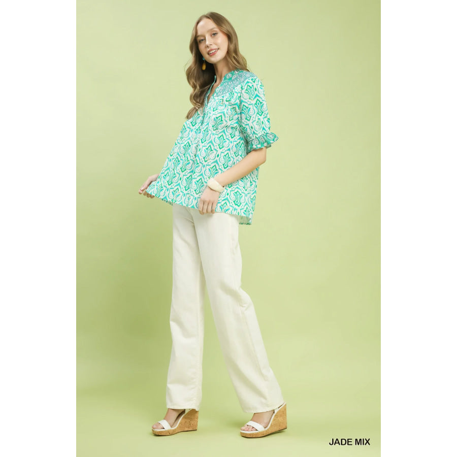 Umgee Mix Boho Puff Sleeve Smocked Top JADE MIX / S Apparel and Accessories