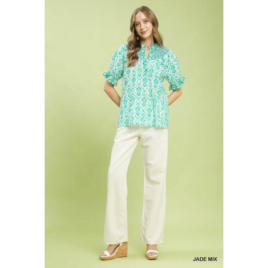 Umgee Mix Boho Puff Sleeve Smocked Top Apparel and Accessories