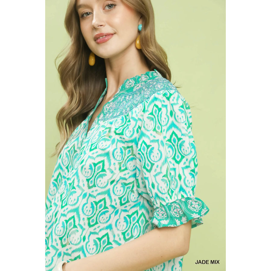 Umgee Mix Boho Puff Sleeve Smocked Top Apparel and Accessories