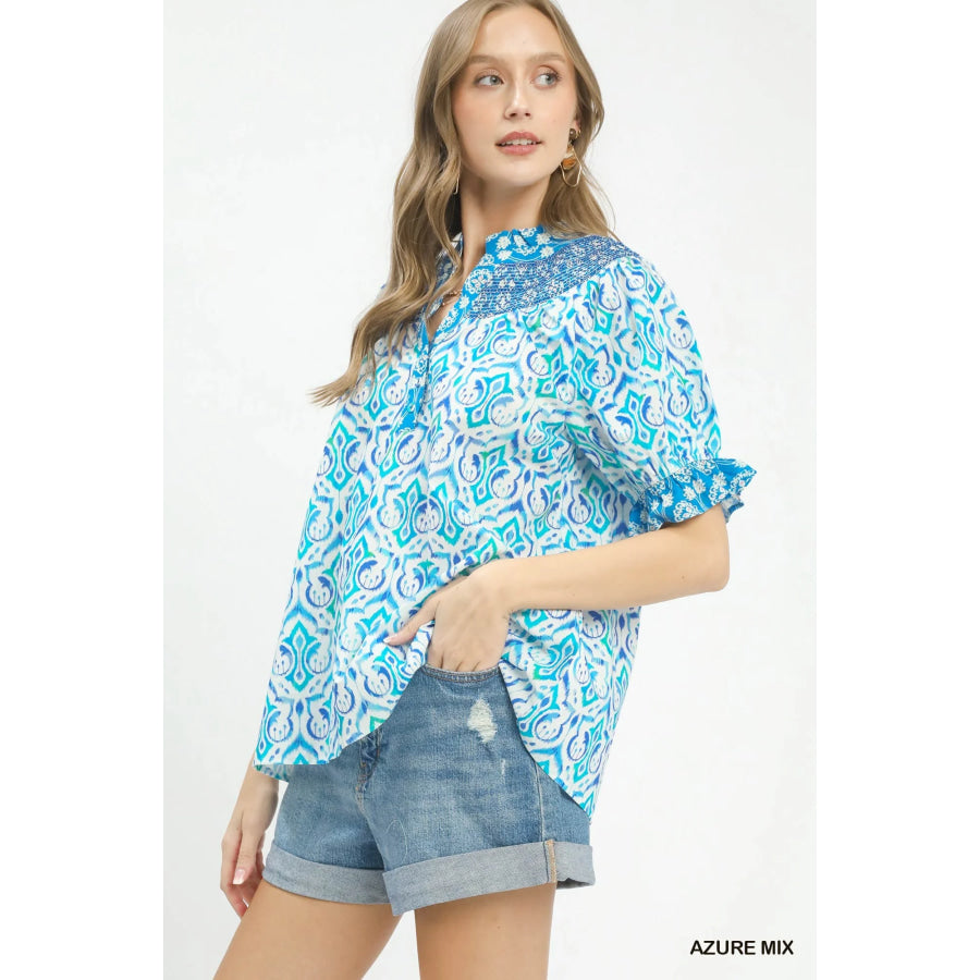 Umgee Mix Boho Puff Sleeve Smocked Top Apparel and Accessories