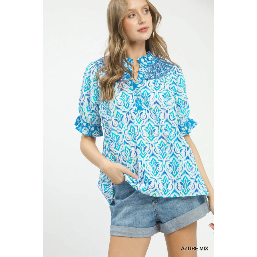 Umgee Mix Boho Puff Sleeve Smocked Top AZURE MIX / S Apparel and Accessories