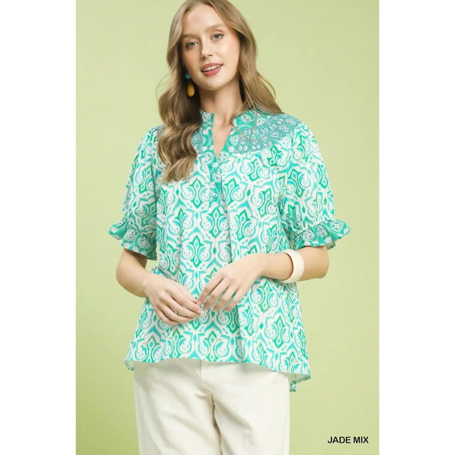 Umgee Mix Boho Puff Sleeve Smocked Top JADE MIX / S Apparel and Accessories