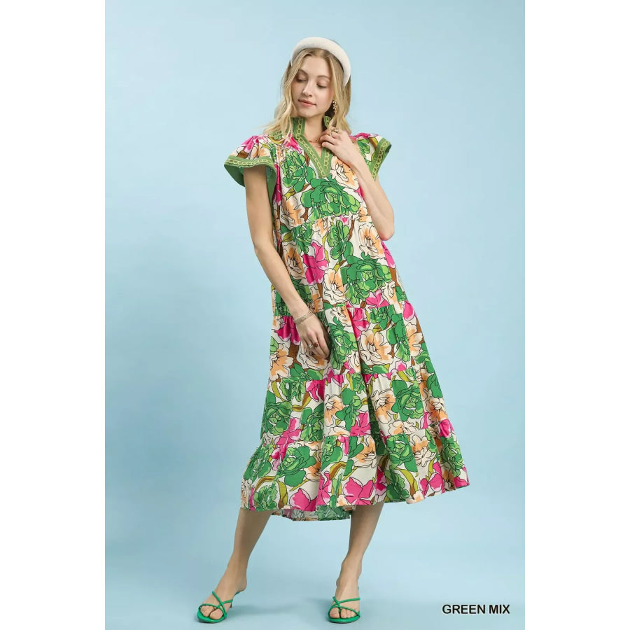 Umgee Mix Bold Floral Tiered Midi Dress Apparel and Accessories