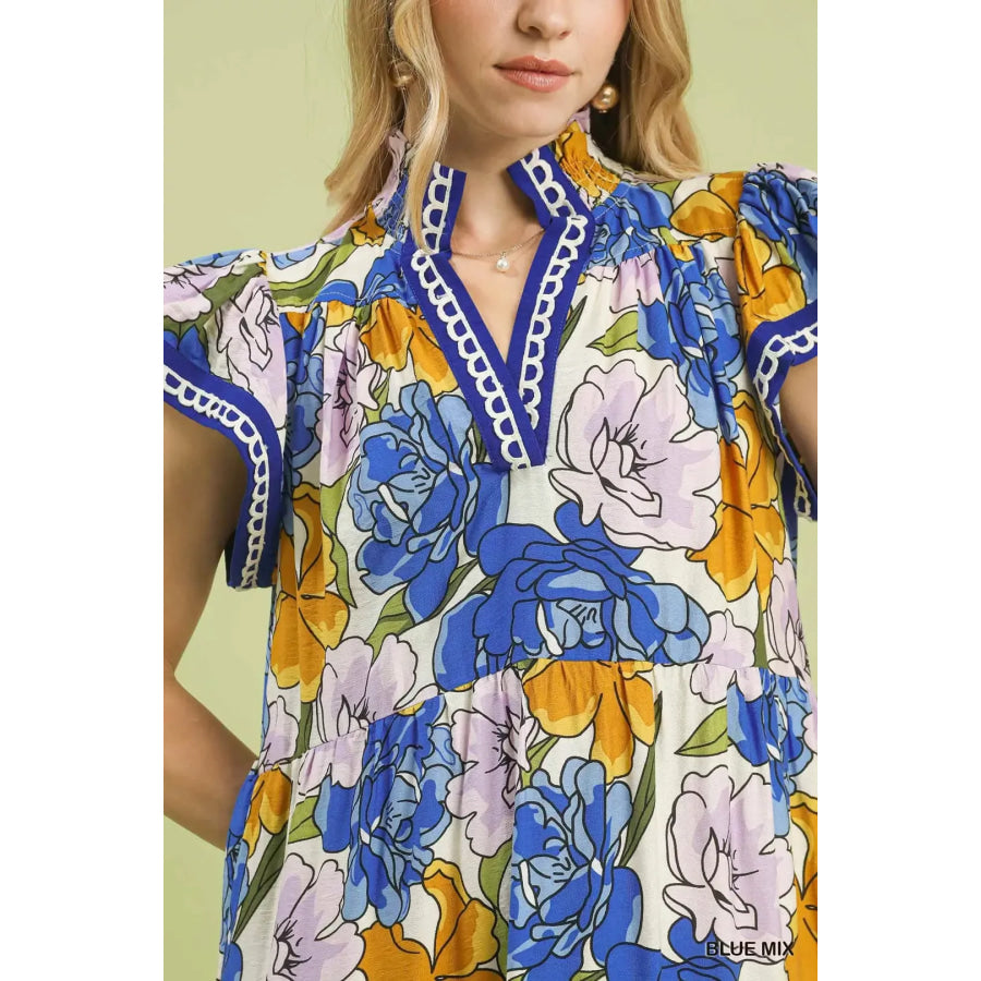 Umgee Mix Bold Floral Tiered Midi Dress Apparel and Accessories